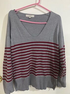 LOFT Light Gray V-Neck Sweater with Burgundy Stripes